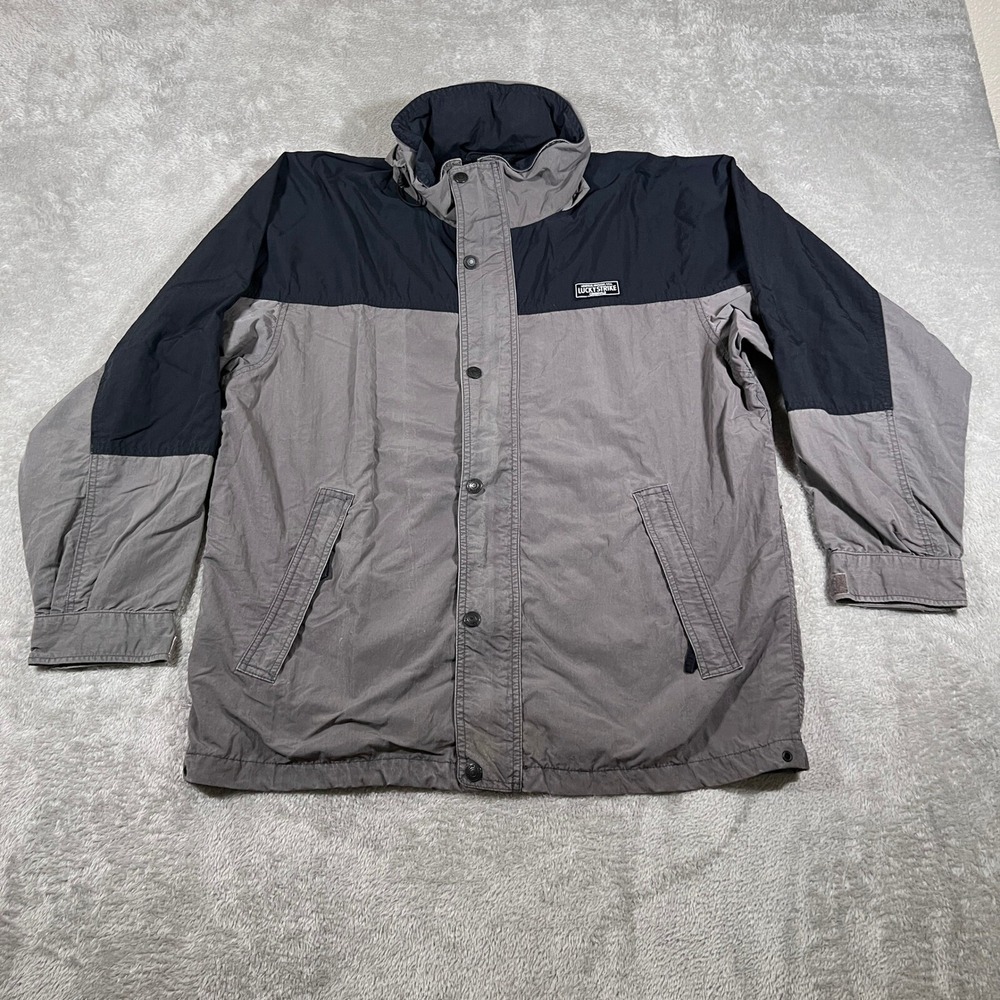 Lucky Strike Originals Windbreaker Mens Medium Gray Black Full Zip Hooded‎ VTG